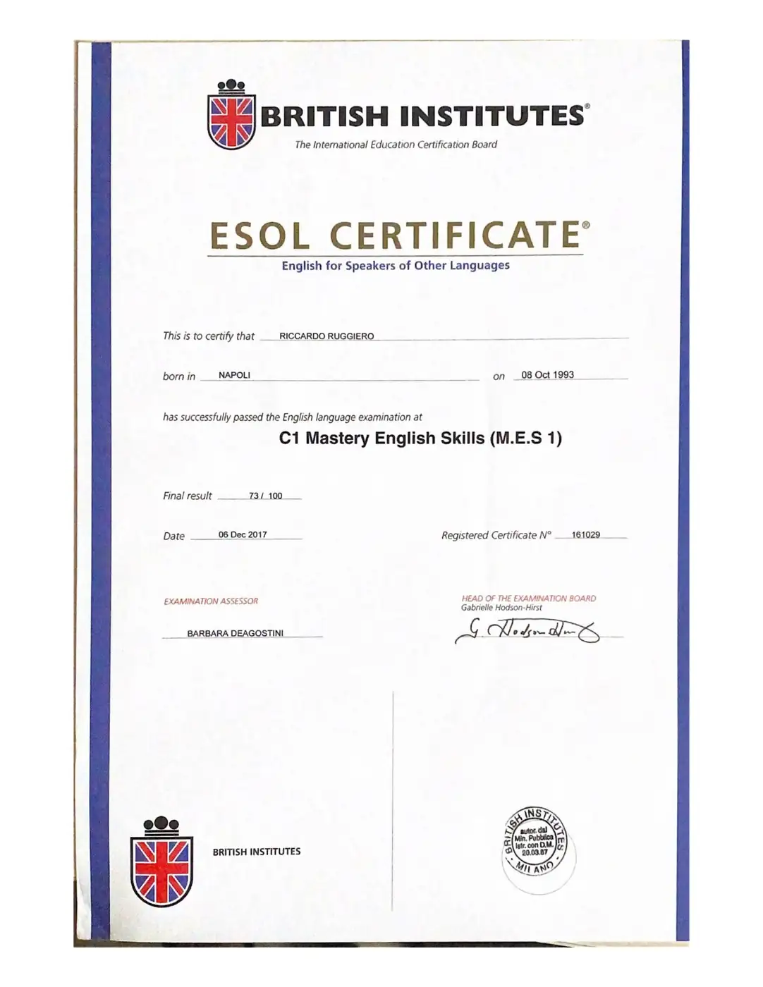 Certificato British Institutes - C1 Mastery English Skills