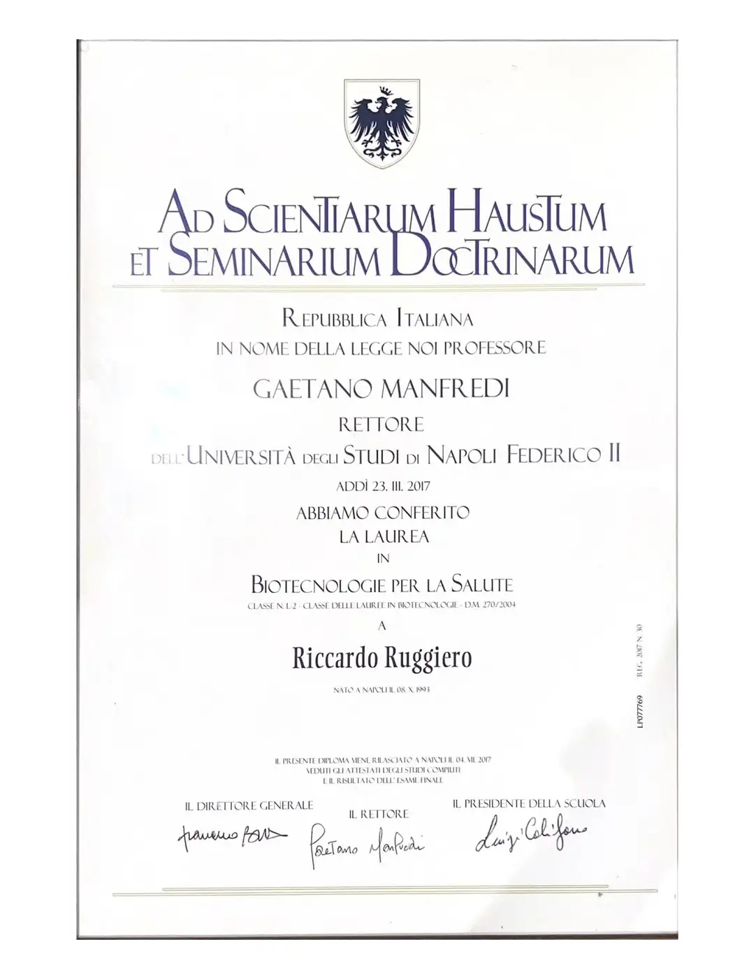 Diploma Triennale in Biotecnologie per la Salute - Università Federico II